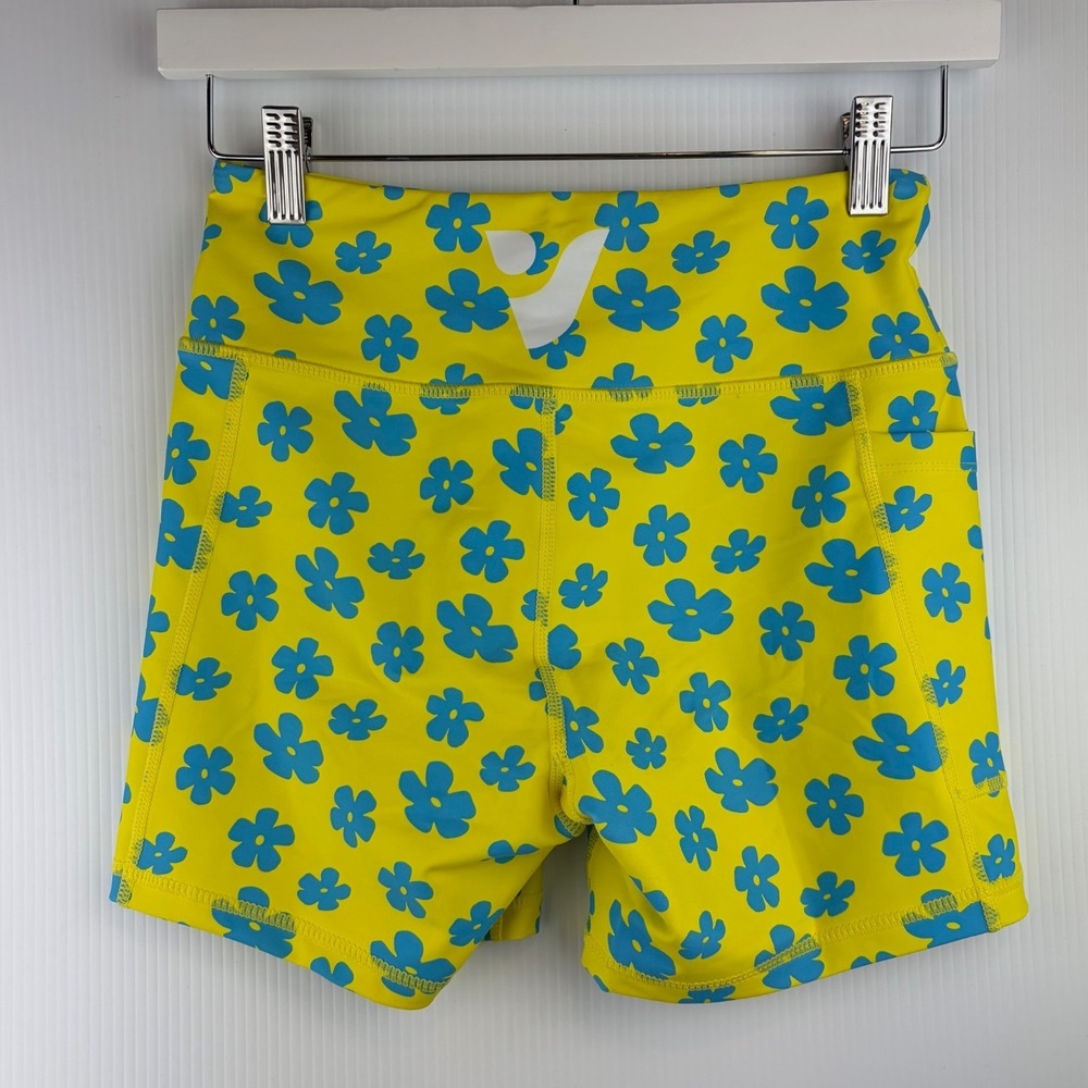 Voxy Shorts S Yellow Blue Floral Biker High Waisted Retro Fun Gym Spandex Pocket - Picture 5 of 8